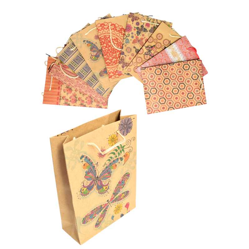 Bolsas kraft pequeñas con diseños coloridos para regalos