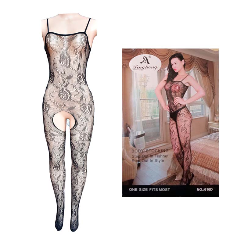 Lencería body stocking enterizo negro con encaje
