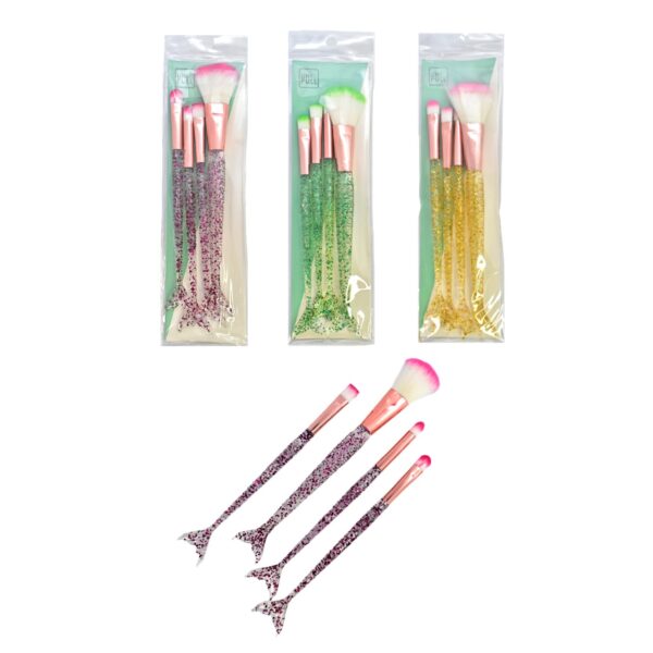 Set de brochas cola de sirena 4pcs mango glitter transparente Uni full