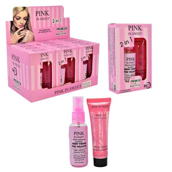 Kit de primer y fijador de maquillaje Pink in Sweet 2 en 1 caja rosada