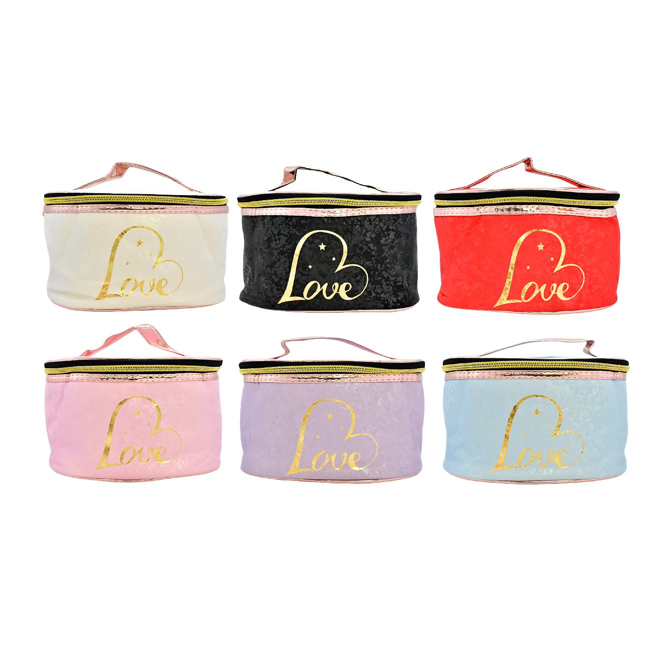 Cosmetiquera de diferentes colores con agarrador rosado metálico