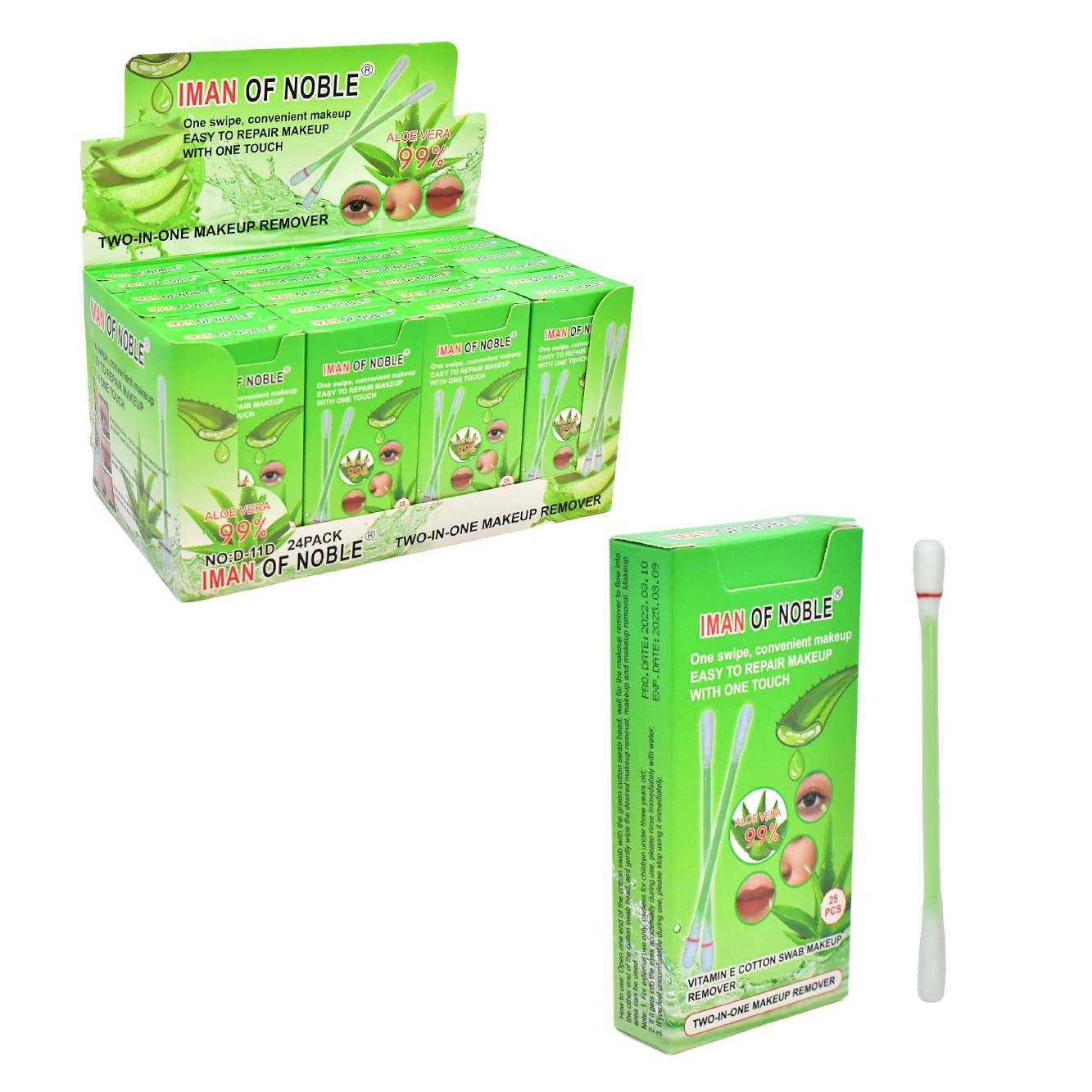 Removedor de maquillaje en hisopo de aloe vera Iman of Noble 99% 25PCS