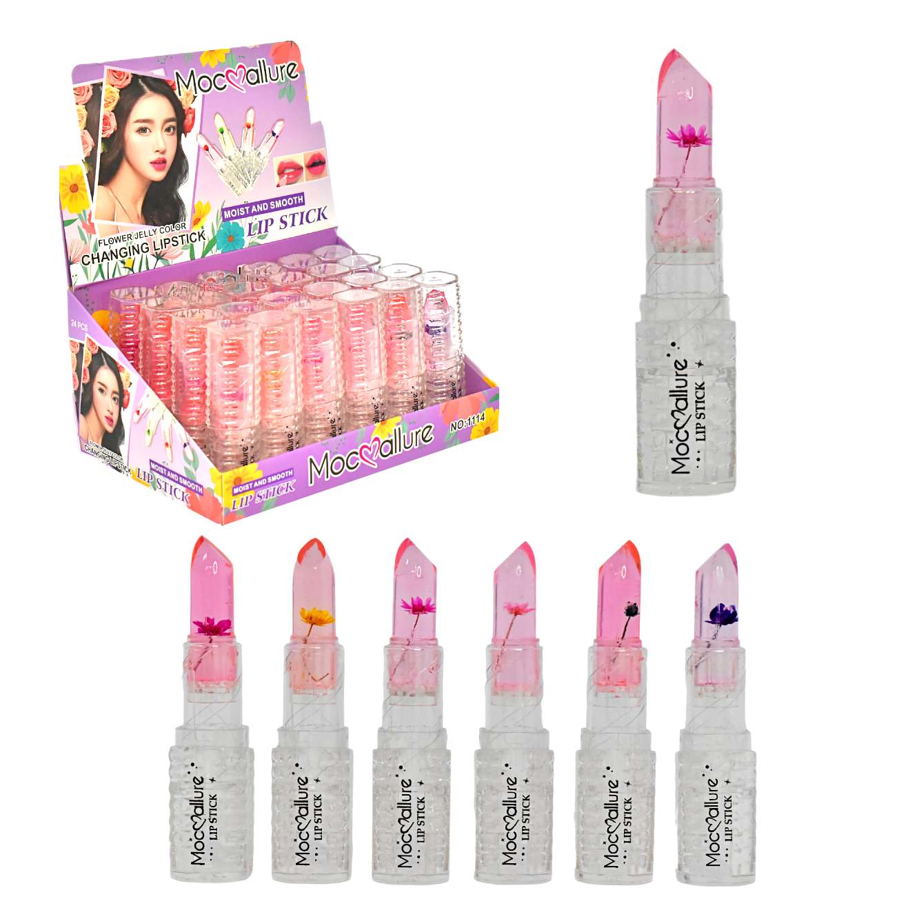 Labial en barra mágico con flores Mocoallure caja morada