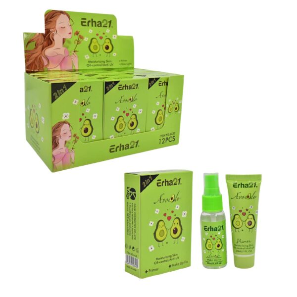 Primer y fijador de maquillaje en presentación de aguacate, Erha21 2 en 1