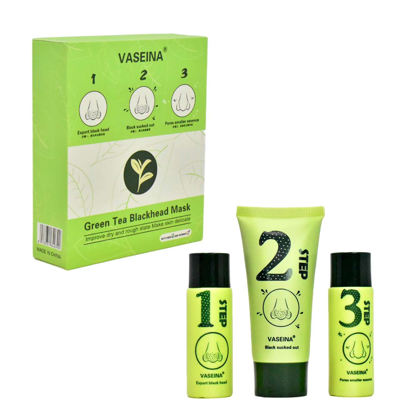 Set de mascarilla para nariz de 3 pasos extractos de te verde Vaseina