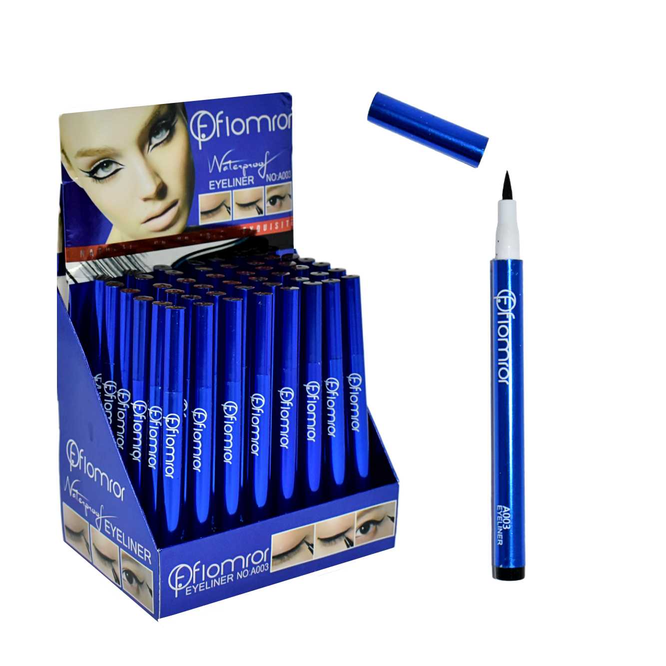 Delineador para ojos color negro presentación azul Flomror