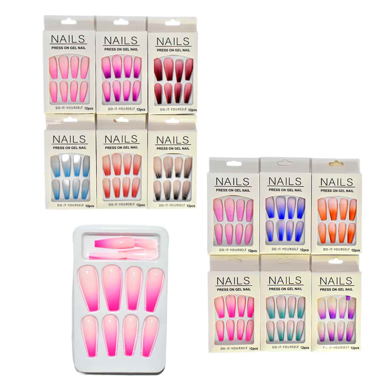 Uñas Press on bicolor difuminado con rosado Nails 12pcs Xucaibeauty