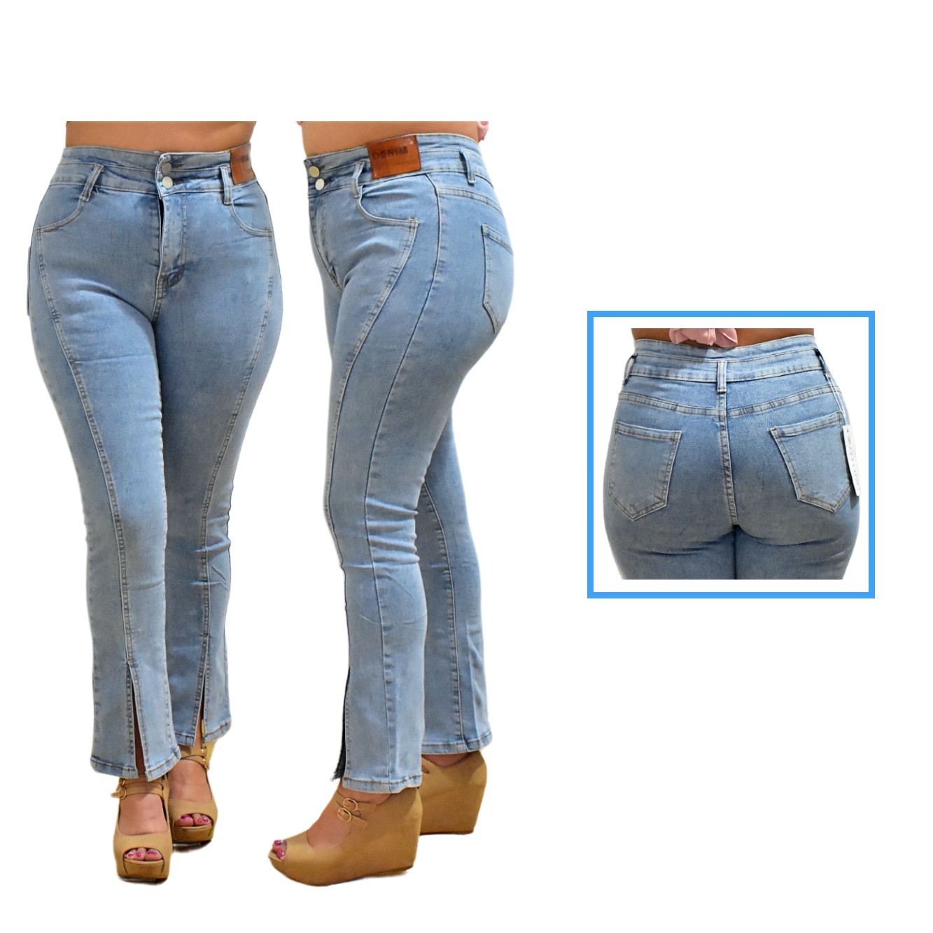 Pantalón Mom Jeans Split color celeste doble costura gruesa botón Otoño