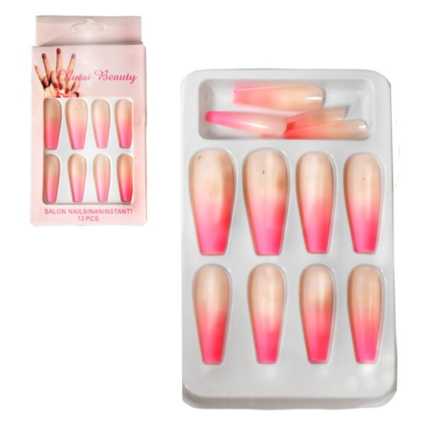 Uñas Press On Nails Xucai Beauty Caja Rosa 12pcs Con Pegatina
