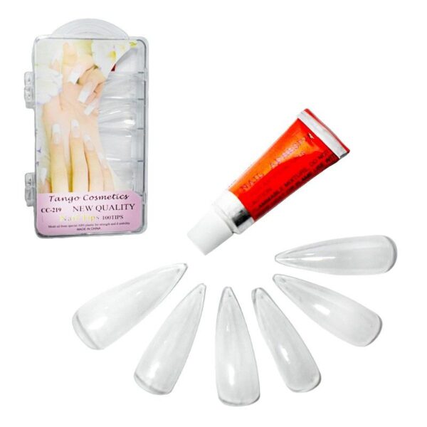 Set de 100 tips de uñas estilo almendra transparentes recipiente rectangular Tango Cosmetics