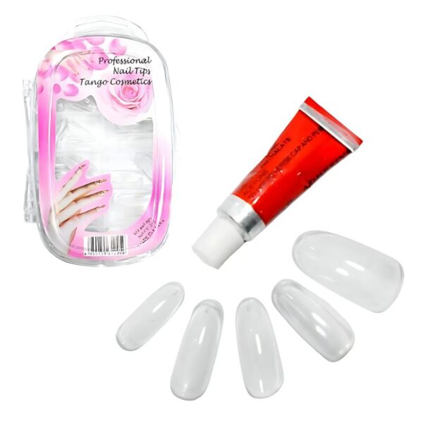 Set de tips para uñas estilo almendra transparente recipiente ovalado Tango Cosmetics