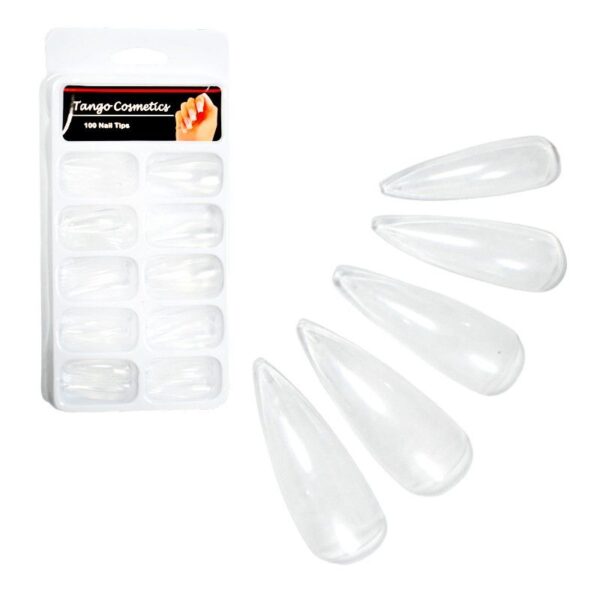 Set de uñas estilo almendra transparentes empaque blanco Tango Cosmetics