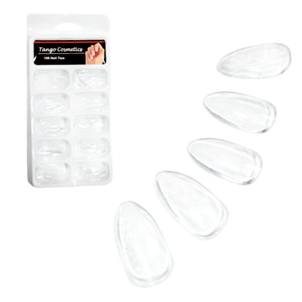 Set tips para uñas estilo almendra pequeña transparentes empaque blanco Tango Cosmetics