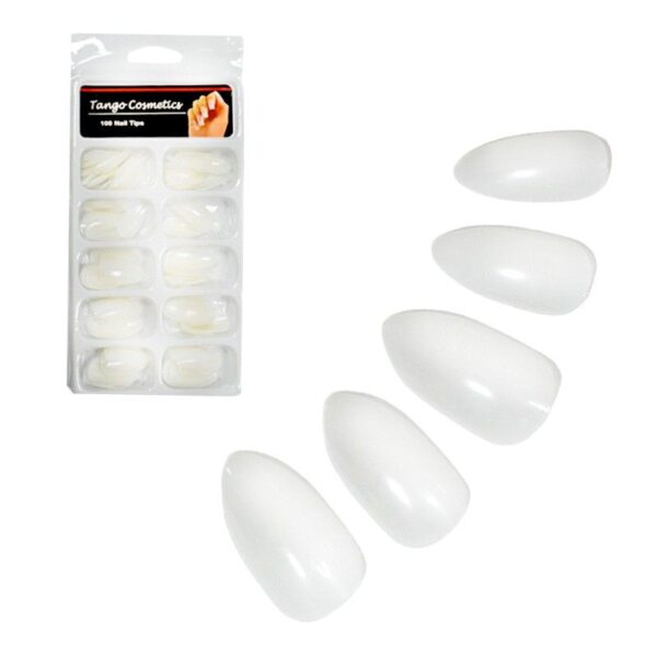 Set de 100 tips de uñas almendra pequeñas estilo natural y blanco surtido empaque blanco Tango Cosmetics