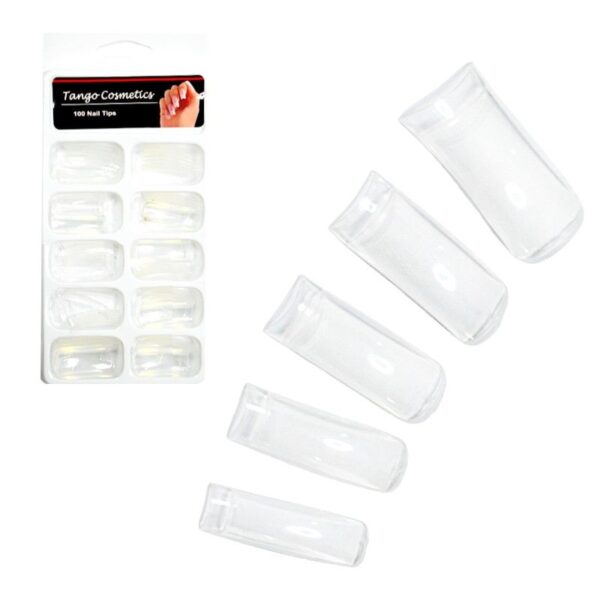 Set tips de uñas estilo cuadrado transparente empaque blanco Tango Cosmetics
