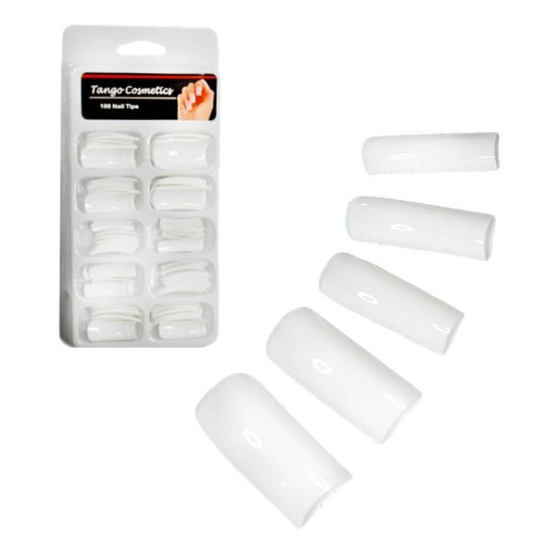 Set tips para uñas estilo cuadrado blanco Tango Cosmetics empaque blanco